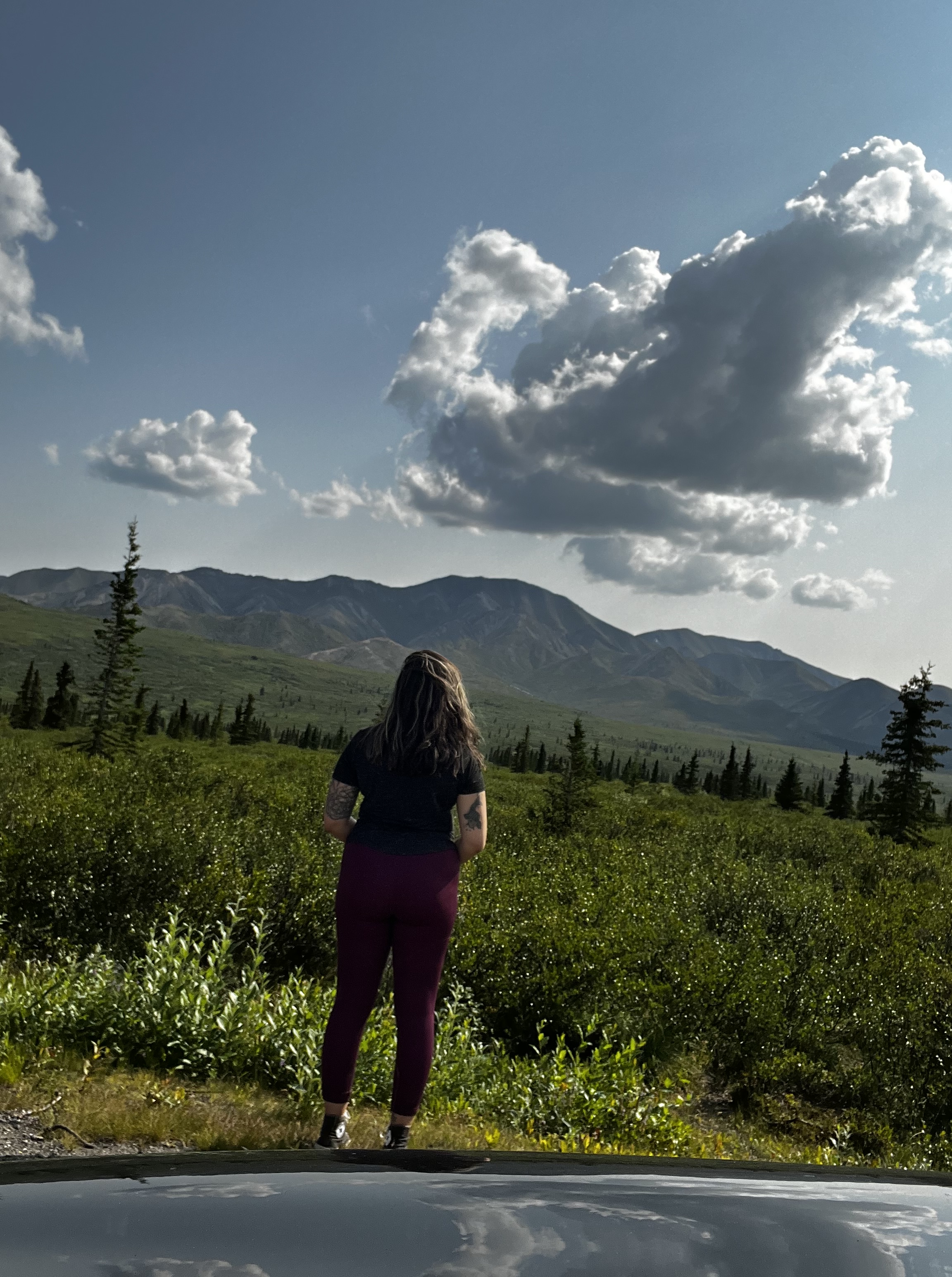 Morgan standing before a majestic Alaska mountain landscape